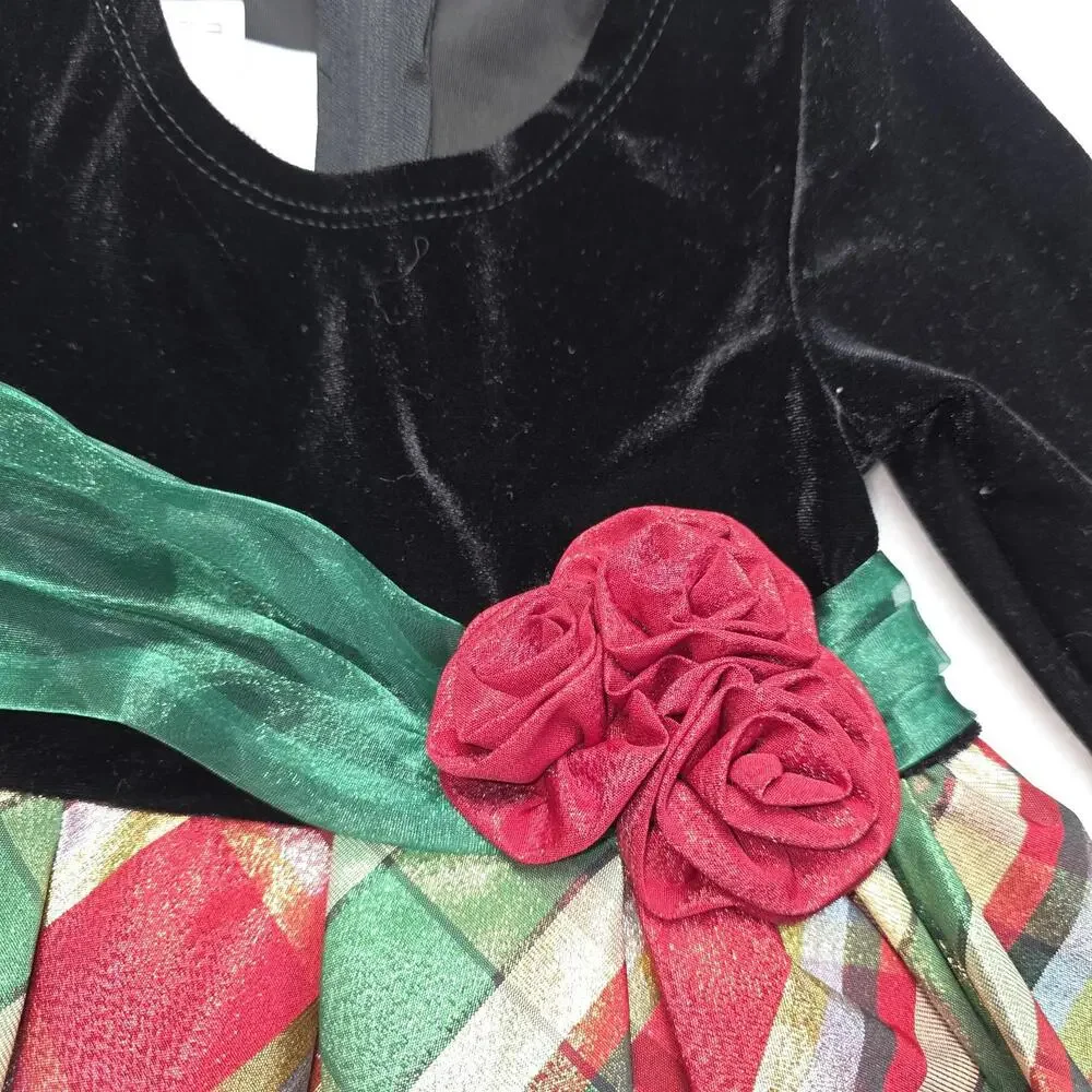 Iris & Ivy Black Velvet Red/Green Plaid Taffeta Christmas Dress Girls Size 18 Mo